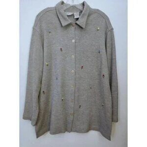 Woman's Gray Button Down Long Sleeeve Embroidered Casual Tunic Top Size L